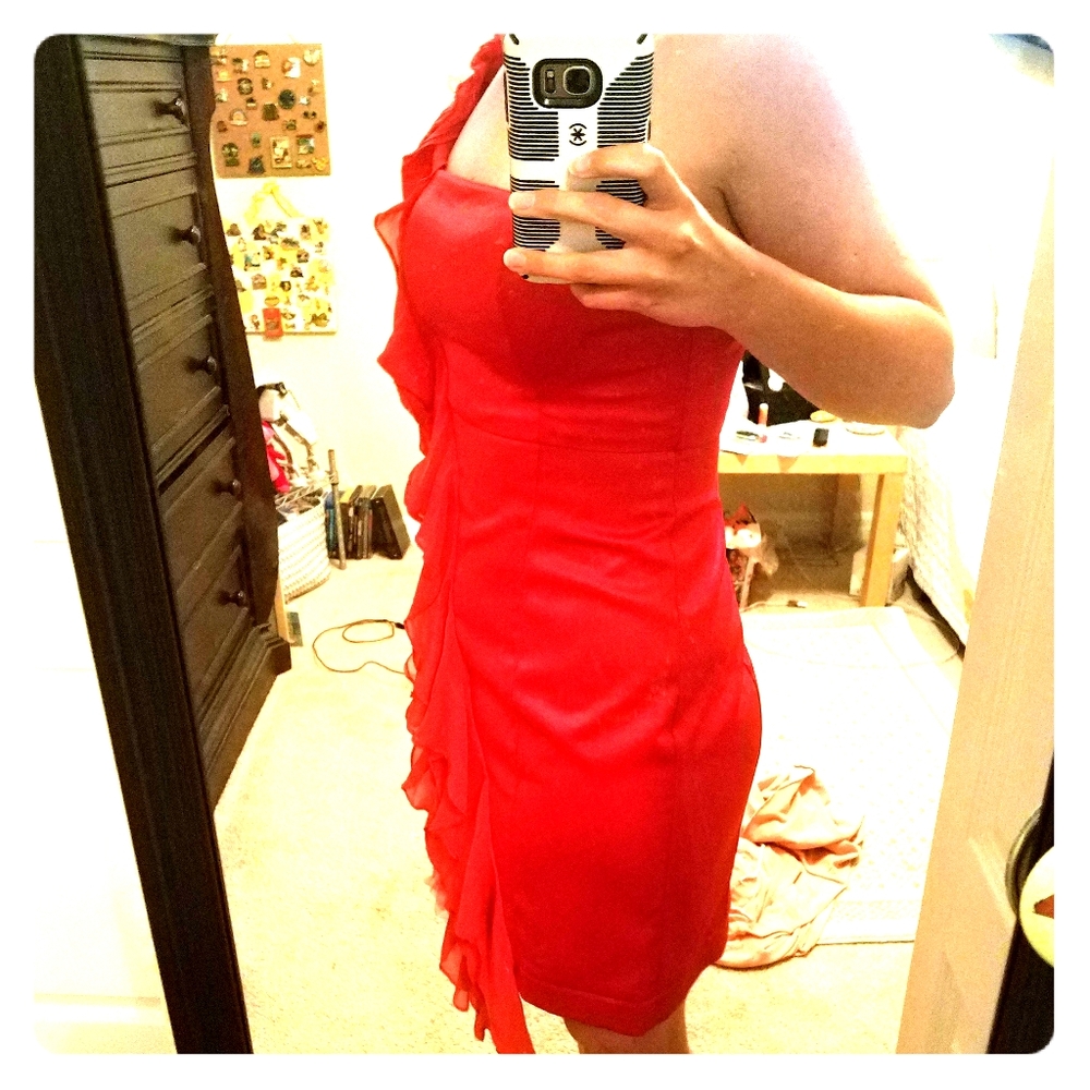 Red Cocktail One-Shoulder Dress